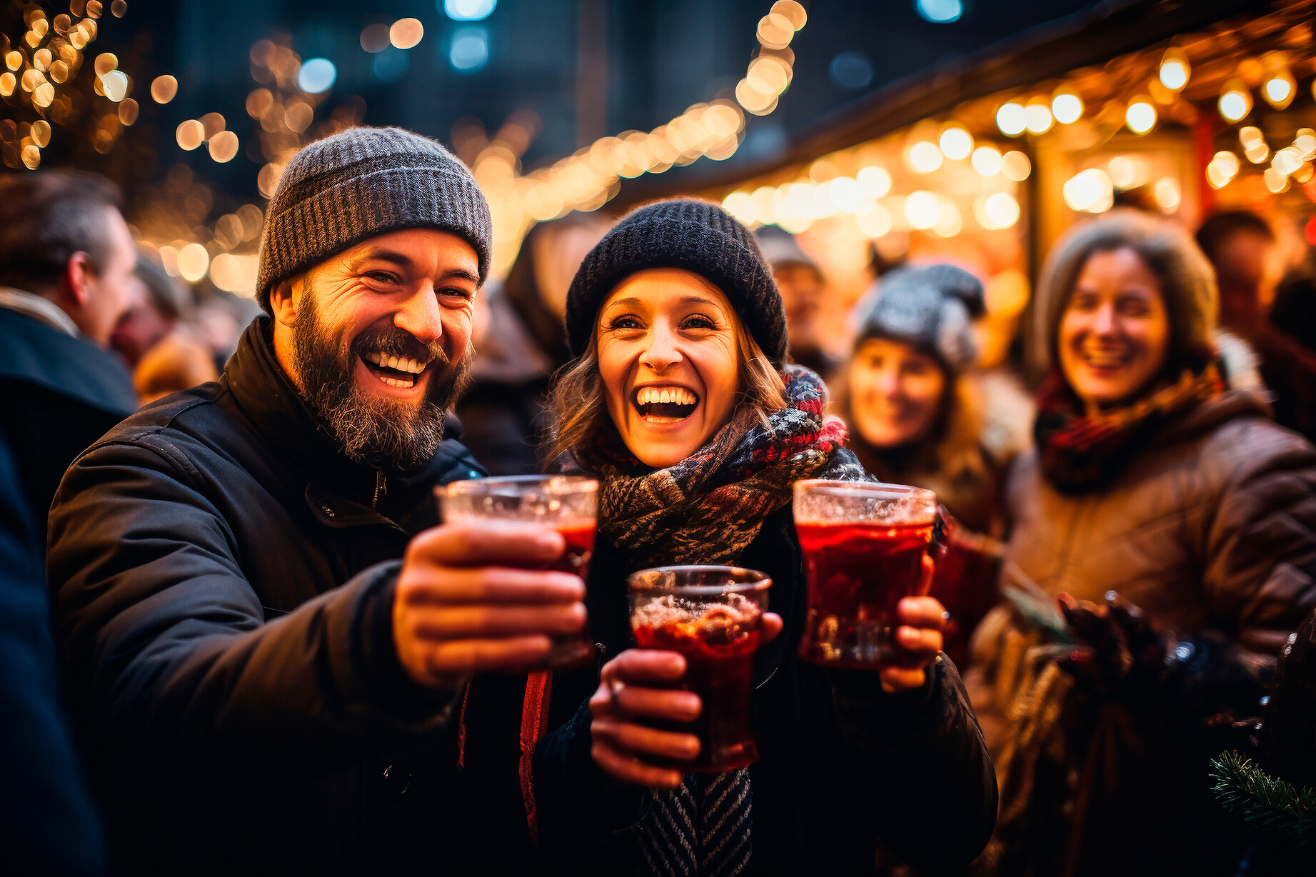 Fröhliches Paar mit heißen Glühweinbechern auf einem weihnachtlich beleuchteten Markt.